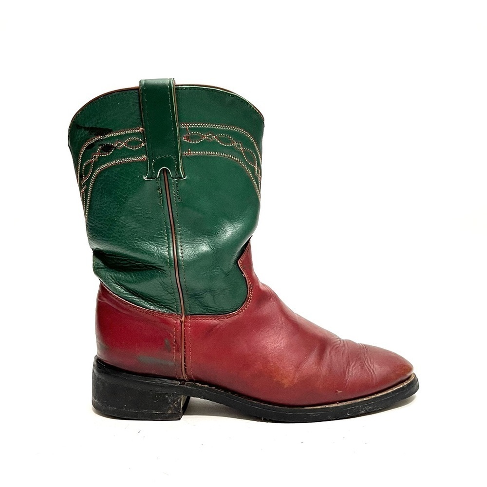 Vintage 1990s men’s red and green leather roper style Justin boots